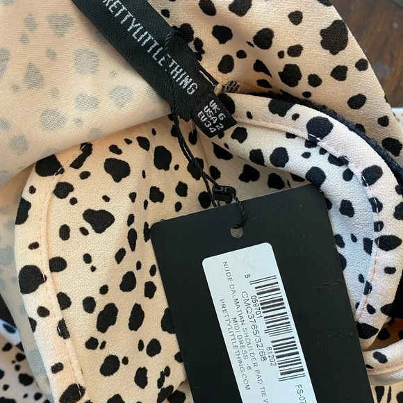 PrettyLittleThing Nude Dalmatian Shoulder Pad Tie Waist Midi Dress NWT - Picture 7 of 7